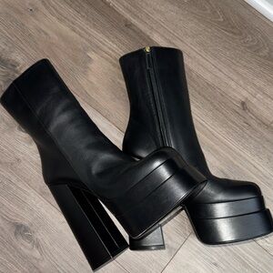 Versace Black Intrico Leather Platform Ankle Boots